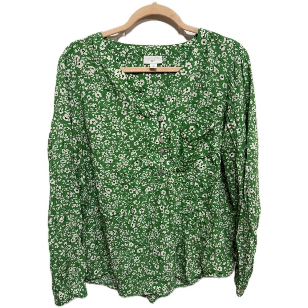 J. Jill Floral Print Blouse Large Petite Green Ruched Front Cottagecore Top